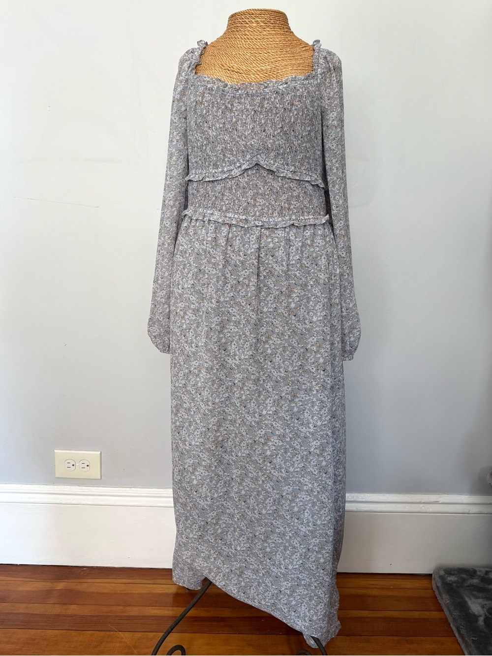 Astr Smocked Maxi Dress in Gray/Blue Floral